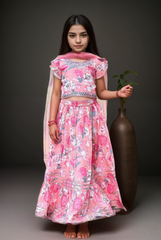 Peach Pink Floral Cotton Lehenga Choli Set